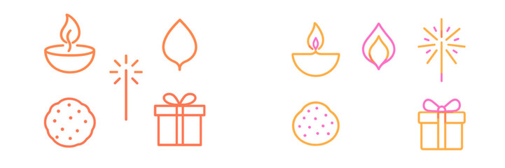 Colorful Diwali festival celebration icons set featuring traditional oil lamps, sparklers, delicious sweets, and a festive gift box