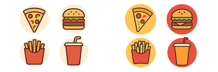 Popular fast food menu items including pizza, hamburgers, french fries, and soft drinks