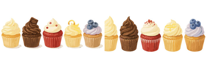 Delicious cupcakes with various frostings and toppings including chocolate, vanilla, lemon, red velvet, and blueberry