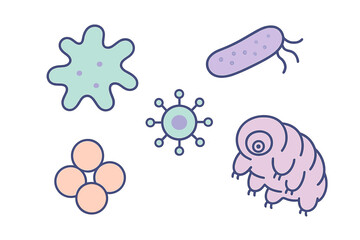 Diverse collection of microscopic organisms and cellular structures including bacteria, viruses, amoeba, and tardigrade for scientific concepts