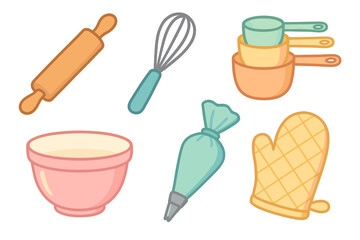 Assortment of essential baking tools and kitchen utensils for cooking, pastry preparation, and dessert making
