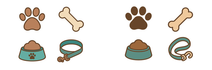 Assortment of dog essentials: paw prints, bones, food bowls, and leashes for pet care and animal well-being