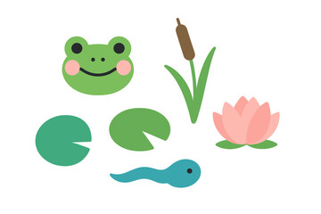 Cute frog head, tadpole, water lily, lily pads, and cattail plant elements for pond life design