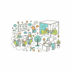 Collaborative workspace showcasing teamwork, brainstorming, and individual focus within a modern, creative office environment.