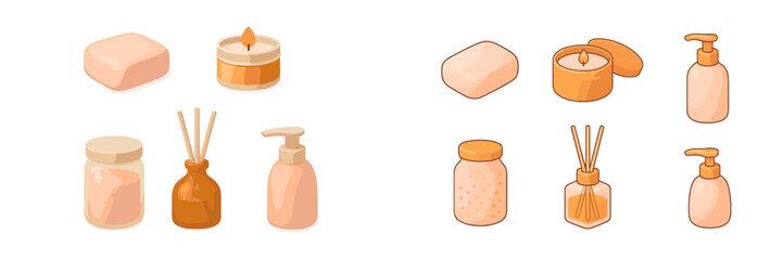 Assortment of spa and bath hygiene products including soap, candles, bath salts, reed diffusers, and lotion bottles for relaxation and self-care
