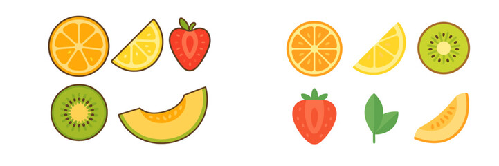 Vibrant collection of fresh fruit slices and whole strawberry including orange lemon kiwi and melon