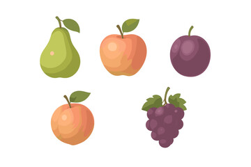 Colorful assortment of fresh healthy organic fruits featuring a green pear, red apple, purple plum, orange peach, and dark grapes