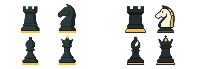 Modern flat design collection of classic chess game pieces including rook knight bishop and queen for strategic board play