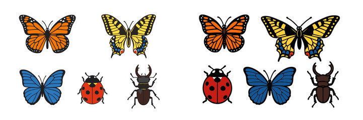 Vibrant collection of diverse flying and crawling insects with colorful wings and detailed bodies, including butterflies, ladybugs, and beetles