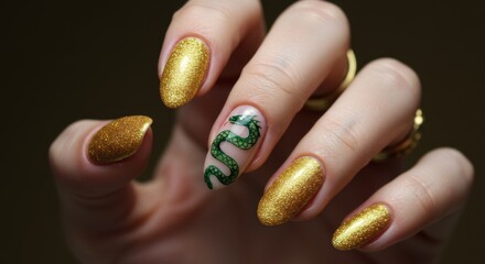 Glamorous gold nails with a detailed green snake design