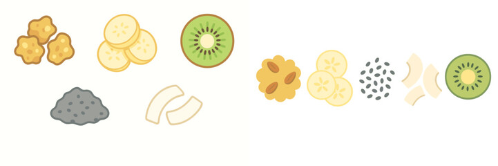 Assortment of healthy breakfast ingredients including granola, banana, kiwi, chia seeds, and coconut