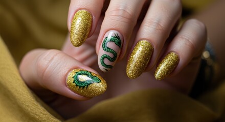 Glamorous Dragon Nail Art Gold Glitter and Mythical Green