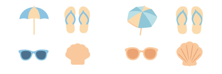 Collection of summer beach vacation items including umbrellas, flip-flops, sunglasses, and seashells