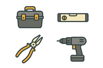 Collection of essential construction and repair tools set including a toolbox, spirit level, pliers, and a cordless drill