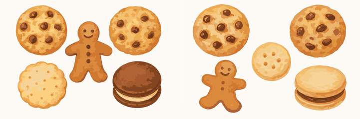 Delicious baked cookies assortment featuring classic chocolate chip, festive gingerbread man, and sweet sandwich cookies