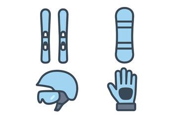 Collection of essential winter sports equipment including skis, snowboard, protective helmet, and warm glove