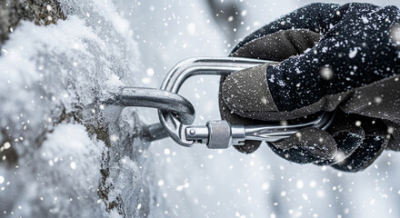 Ice climber securing carabiner in snowy conditions