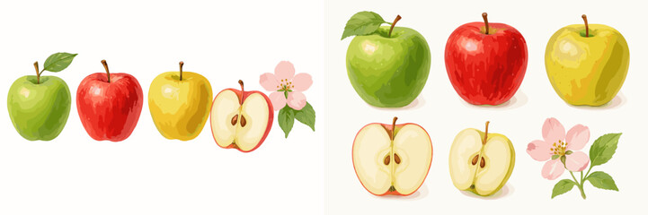 Assortment of fresh whole and sliced apples in red, green, and yellow with delicate pink apple blossom