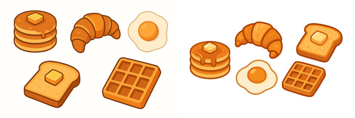 Assortment of delicious breakfast food items including fluffy pancakes, golden croissants, sunny-side-up eggs, buttered toast, and crispy waffles