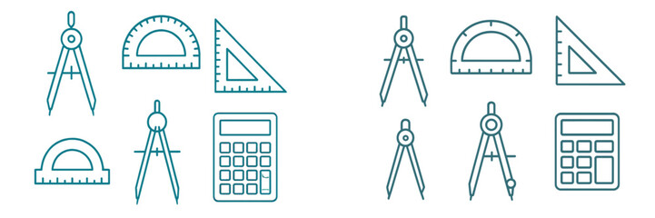 Collection of essential mathematical and drafting tools including compasses, protractors, rulers, and calculators for education and engineering