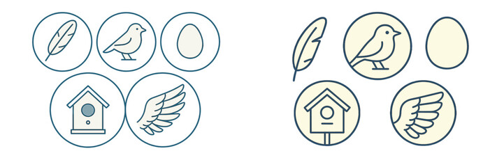 Collection of bird and nature related line icons including feather, bird, egg, birdhouse, and wing