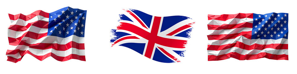 Obraz premium American and union jack flags waving together isolated on transparent background