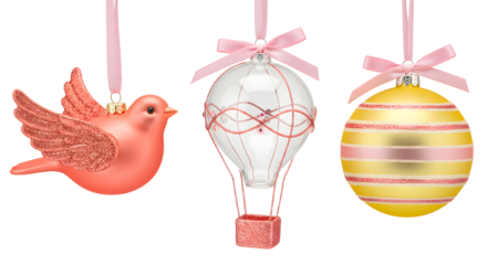 Pink bird, hot air balloon, and striped Christmas ornaments hanging with ribbons, festive holiday decoration perfect for seasonal celebrations