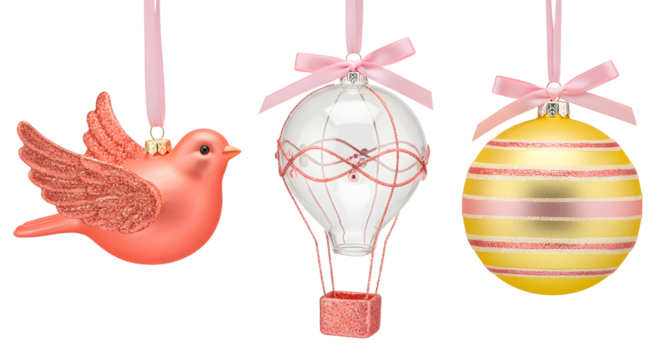 Pink bird, hot air balloon, and striped Christmas ornaments hanging with ribbons, festive holiday decoration perfect for seasonal celebrations