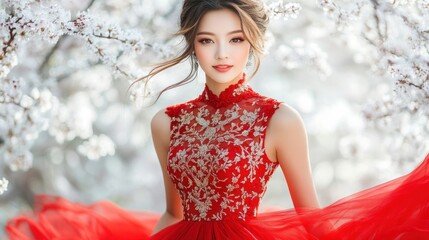 Elegant Asian woman in a red dress under cherry blossoms