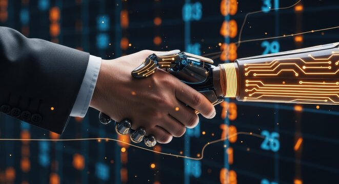 A human hand in a suit shakes hands with a sophisticated robotic hand with glowing