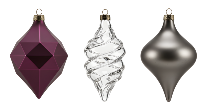 Set of three elegant Christmas tree ornaments in purple, silver, and metallic gray with unique geometric and swirl designs, perfect for festive decoration