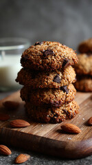 Stack of homemade chocolate chip cookies with almonds on wooden board, rustic dark moody food photography with milk glass background, delicious baked oatmeal nut cookies for dessert snack