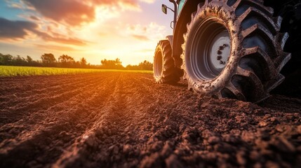 Tractor in a field at sunset.  Close-up view of furrowed soil and large tractor tire.  Golden light bathes the landscape
