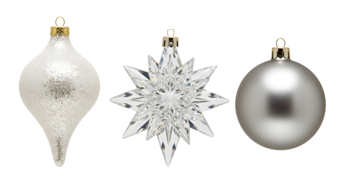 Silver Christmas ornaments with shiny and frosted finishes including teardrop, star, and bauble shapes, perfect for holiday decoration