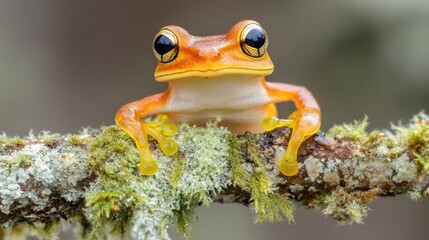 Naklejka premium Close-up of a vibrant orange frog perched on a mossy branch