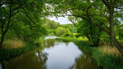 A serene river flows through a lush green forest with trees and vegetation all around it