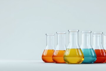 Row of Glass Erlenmeyer Flasks with Colorful Liquids on White Background