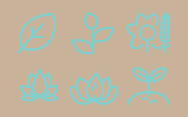 Set of six abstract botanical line art icons on a beige background
