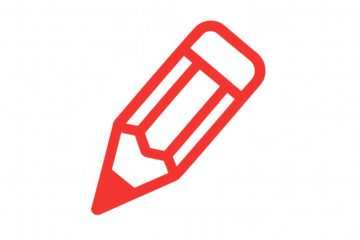 Red pencil icon floating against transparent backdrop, representing writing, drawing, creative communication