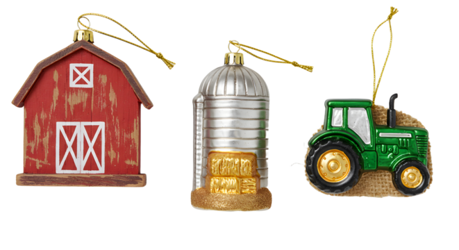 Farm themed Christmas ornaments with a red barn, silver grain silo, and green tractor, perfect for holiday decorations and rustic Christmas trees