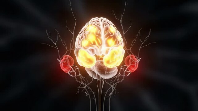 An Artistic Visualization of the Human Brain with Highlighted Kidney Connections, Portraying Neuroanatomy and Organ Interrelations in a Stunning Graphic Representation