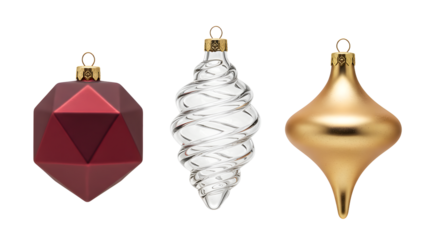 Red geometric, white spiral, and gold teardrop Christmas ornaments on white background, perfect for holiday decoration and festive designs