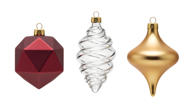 Red geometric, white spiral, and gold teardrop Christmas ornaments on white background, perfect for holiday decoration and festive designs