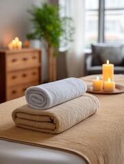 A serene spa environment featuring neatly rolled towels and glowing candles, creating a relaxing atmosphere for wellness and self-care.