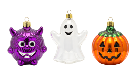 Halloween ornaments set featuring a purple monster, white ghost, and orange jack-o-lantern pumpkin, perfect for spooky seasonal decoration