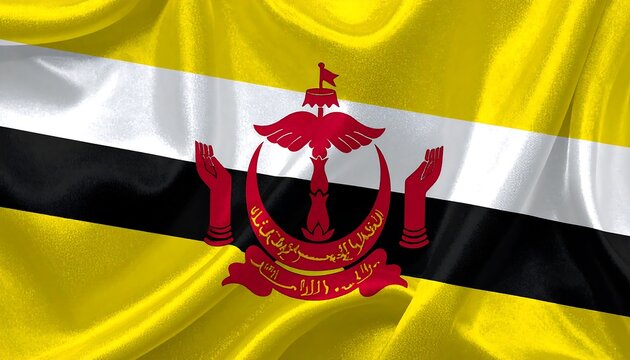 Brunei flag with yellow field, diagonal white and black stripes, and central red emblem featuring crescent, parasol, hands, and Arabic script. - Powered by Adobe