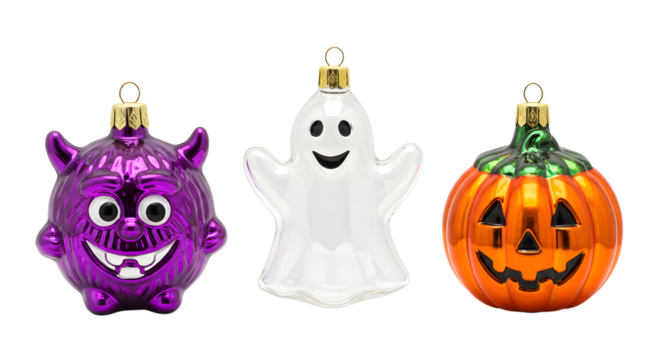 Halloween ornaments set featuring a purple monster, white ghost, and orange jack-o-lantern pumpkin, perfect for spooky seasonal decoration