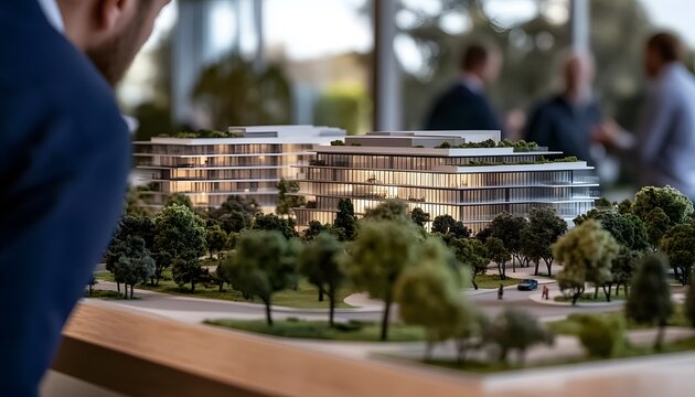 Architects�examining a�sustainable office building model