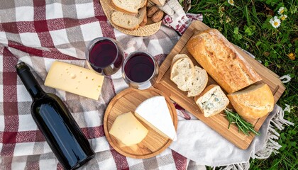  Compositions of wine and food pairings. Glasses of red, white, or ros&eacute; wine with cheese, nuts, bread, or seafood. Rustic boards, wooden surfaces, bright natural light, modern lifestyle aesthe