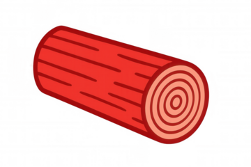 Red wooden log lying horizontally with clearly visible growth rings, isolated on transparent background, simple cartoon drawing